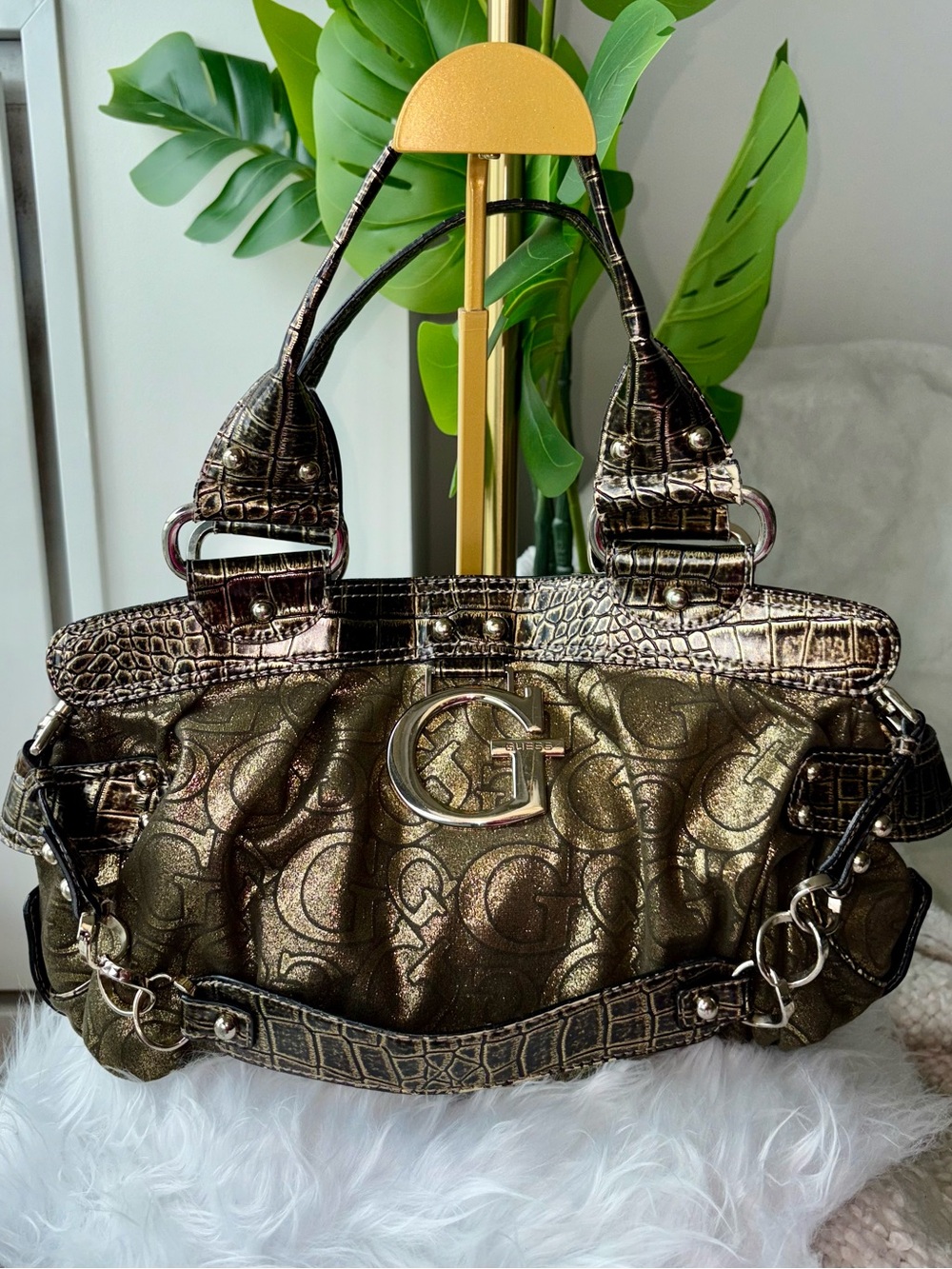 Vintage Y2K Guess Sundown Metallic Bronze Croc G Logo Monogram Shoulder Bag